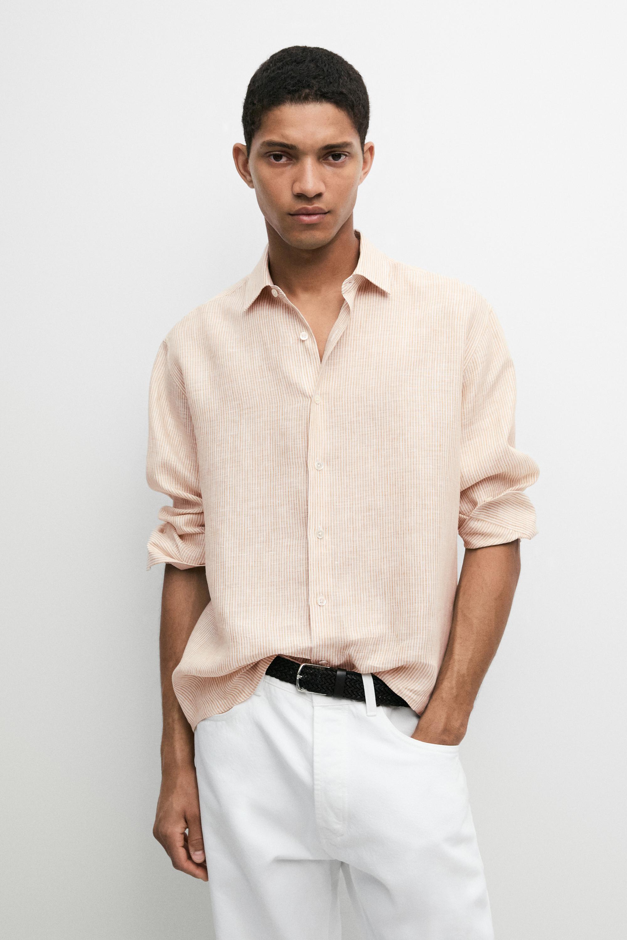 100% linen regular fit striped shirt — Light beige
