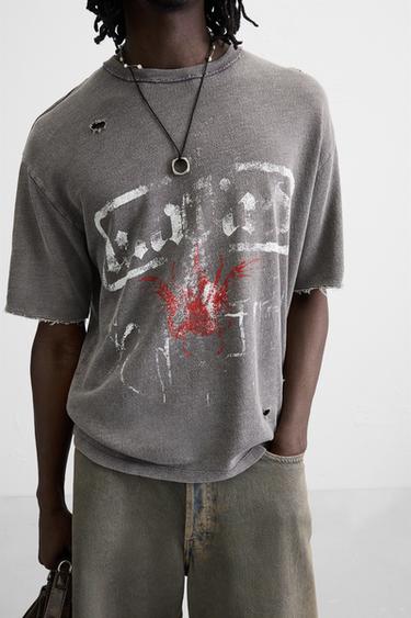 WASHED PRINT KNIT T-SHIRT - Anthracite Grey by Zara - Image 4