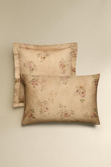 FLORAL PRINT SATEEN PILLOWCASE - Ochre by Zara