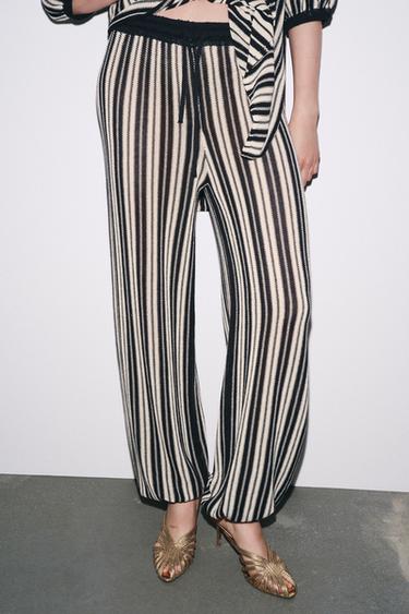 STRIPED CUFFED HEM LINEN BLEND TROUSERS - Ecru / Black by Zara