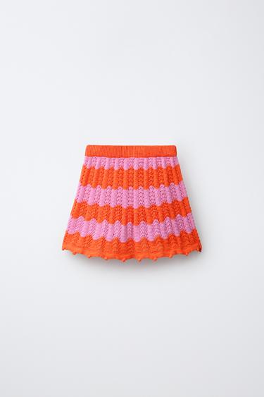 STRIPED CROCHET KNIT SKIRT - Neon orange by Zara - Image 1