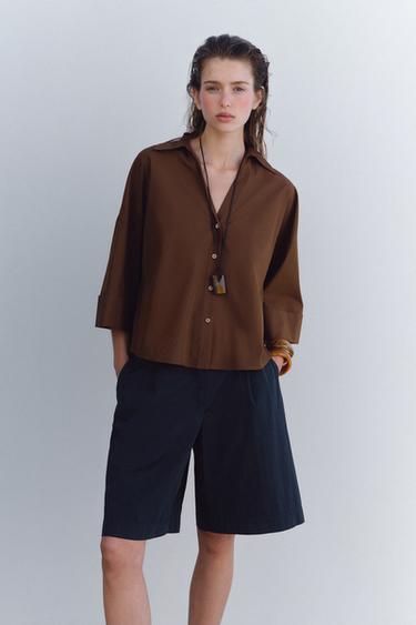 WIDE-SLEEVE POPLIN SHIRT - Brown by Zara
