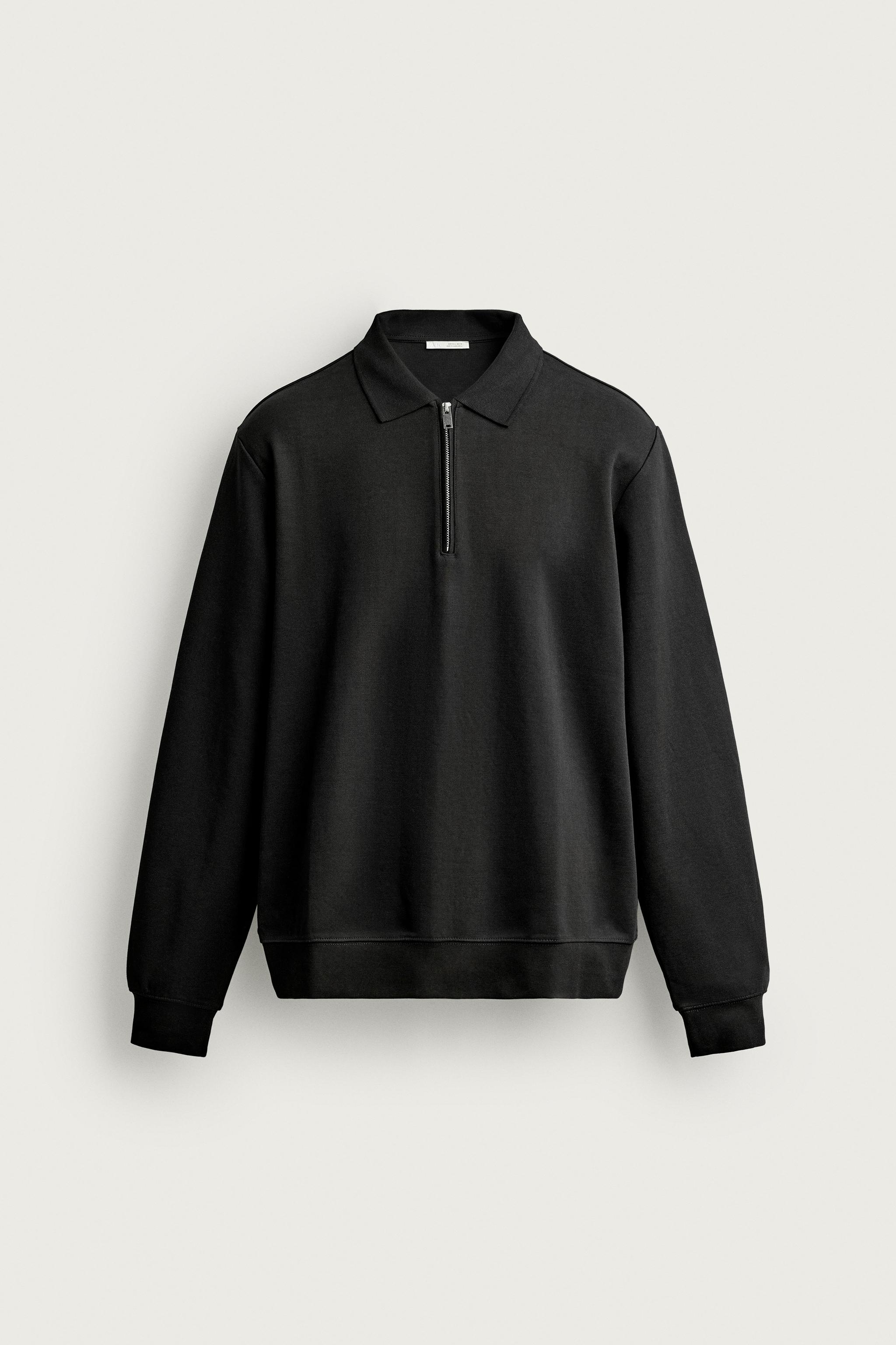 ZIP-UP INTERLOCK POLO SWEATSHIRT — Black
