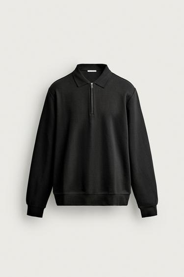 Zara ZIP-UP INTERLOCK POLO SWEATSHIRT - Black