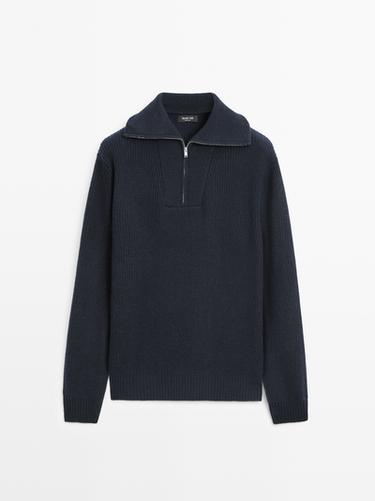 Pull en maille à col camionneur zippé - Bleu marine de Zara