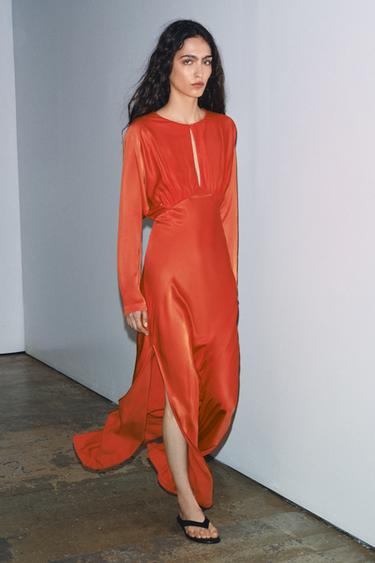 Zara SLIT BATWING SLEEVE SATIN EFFECT DRESS - Orange