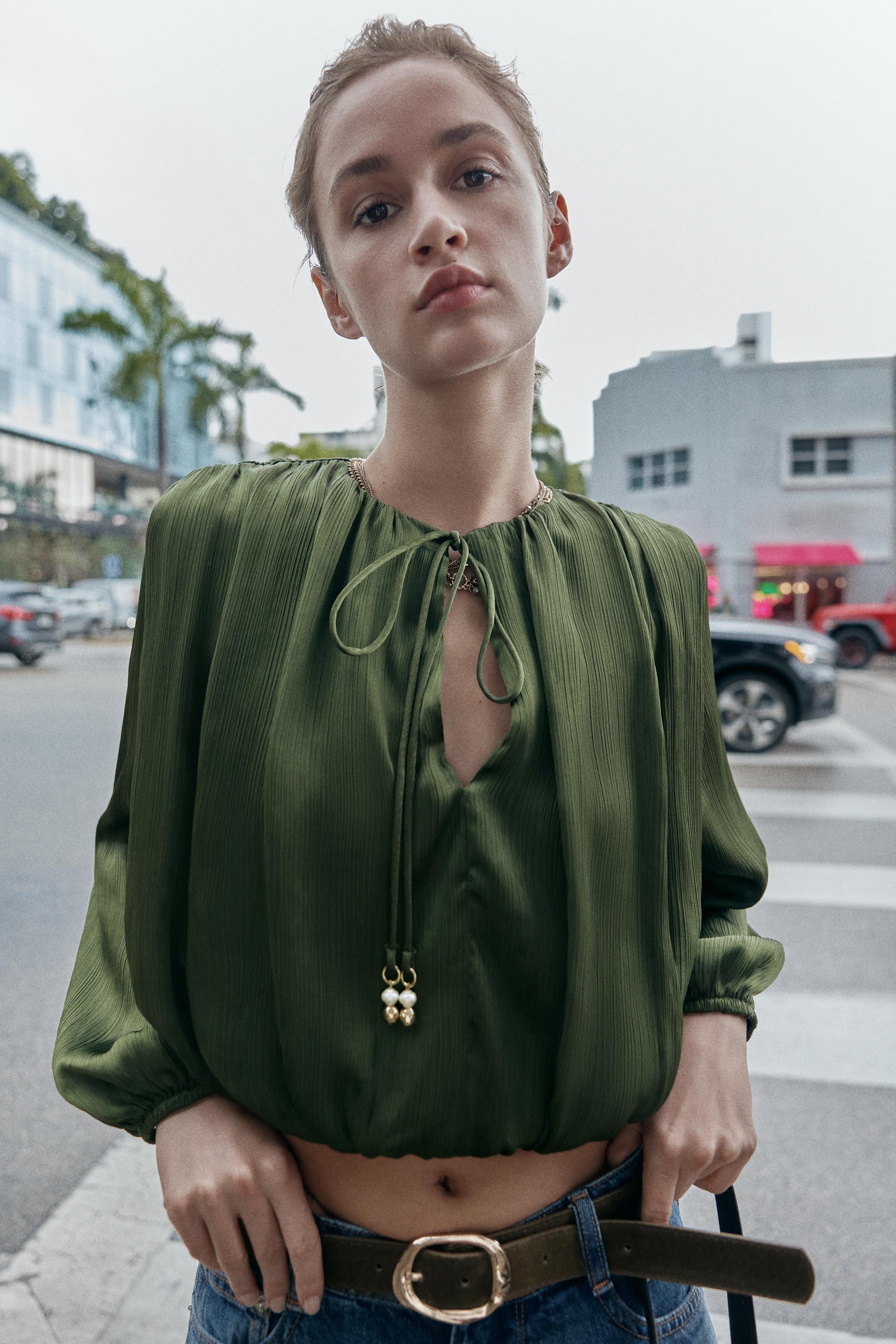 SATIN EFFECT BALLOON BLOUSE - Dark olive | ZARA United States