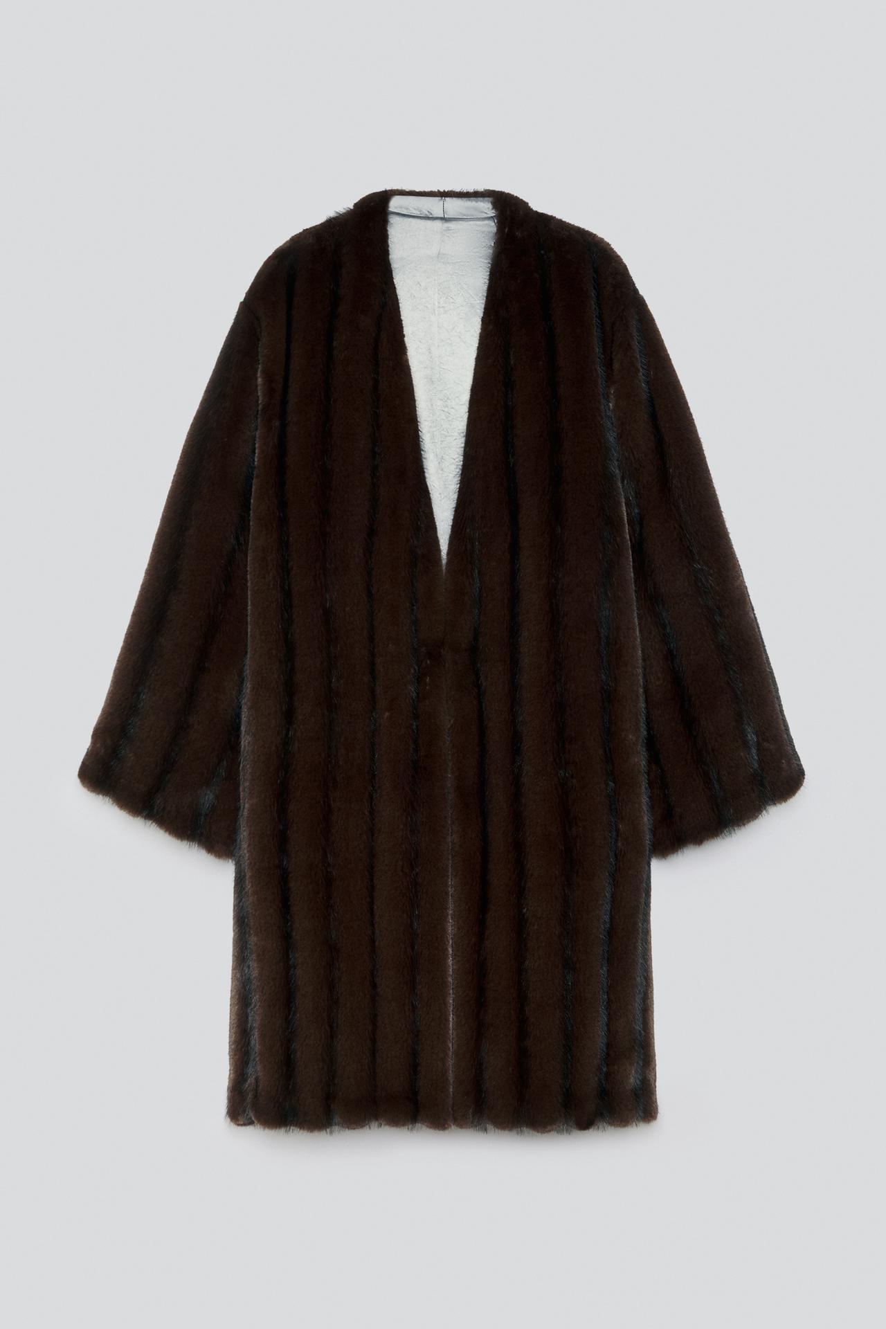 CONTRAST REVERSIBLE FAUX-FUR COAT — Dark brown