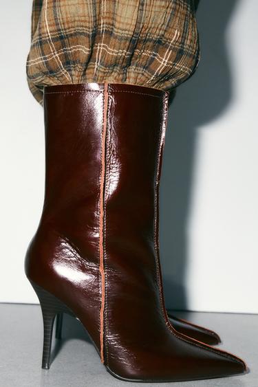 Zara LEATHER POINTED ANKLE BOOTS - Brown
