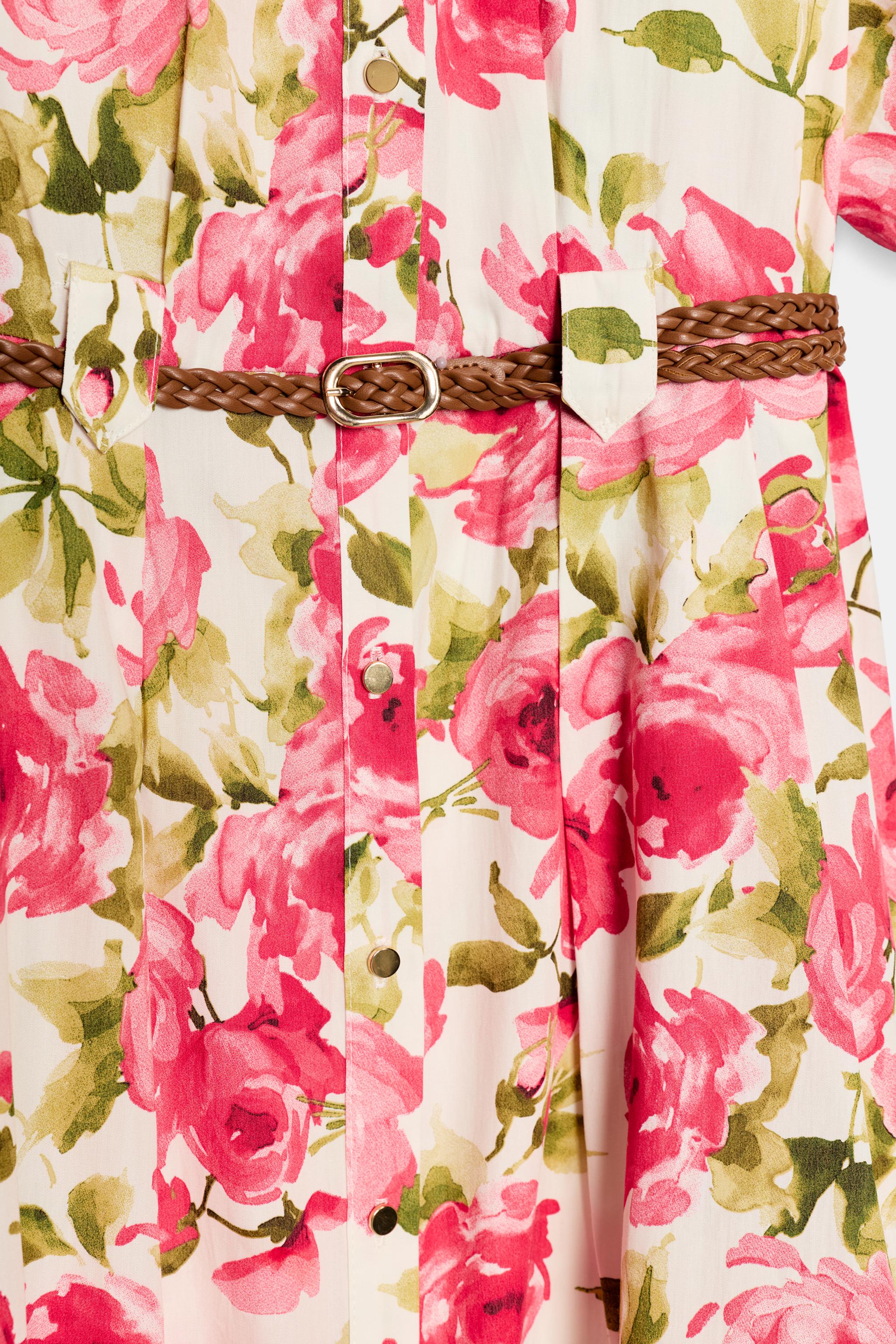 BELTED FLORAL PRINT MIDI DRESS