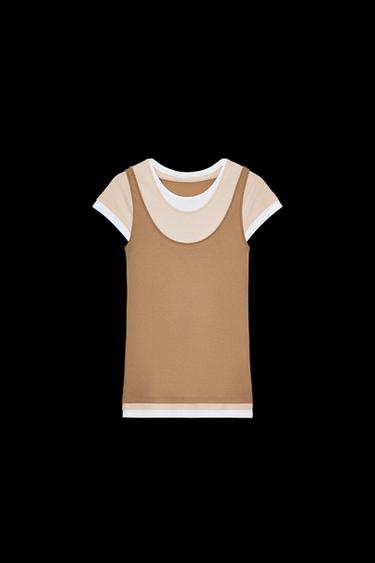 Zara CONTRAST OVERLAY T-SHIRT - Light brown - Image 0