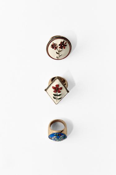 PACK 3 ANILLOS FLORES PÁJARO - Oro viejo de Zara