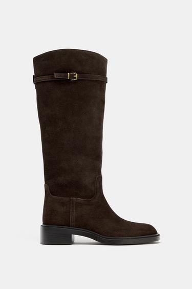 Zara LOW HEELED EQUESTRIAN SPLIT LEATHER BOOTS - Brown
