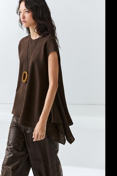 Zara 100% linen asymmetric top - Brown