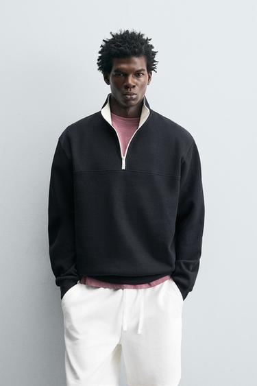 Zara CONTRAST QUARTER-ZIP SWEATSHIRT - Duck blue