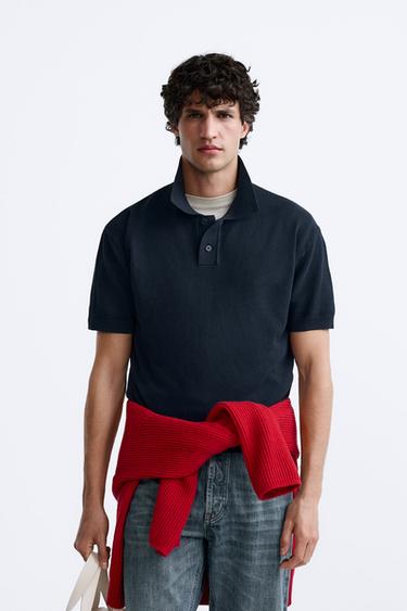 TEXTURED KNIT POLO SHIRT - Navy blue by Zara