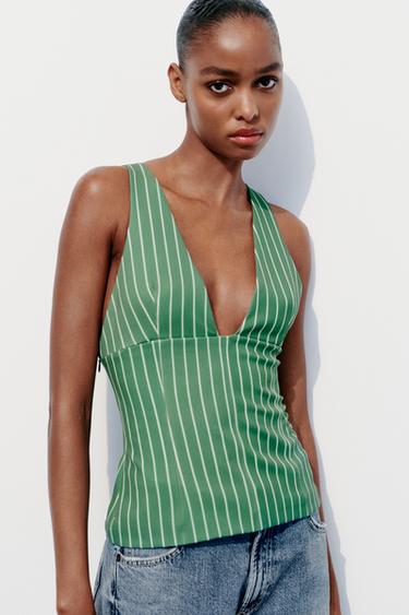 TOP IMPRIMÉ RAYURES - Blanc / Vert de Zara