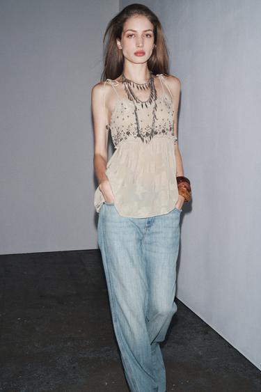 TOP À BRETELLES EN JACQUARD ZW COLLECTION - Gris perle de Zara
