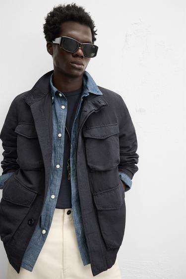 COTTON-LINEN JACKET WITH POCKETS - Navy blue by Zara