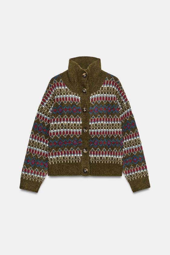 VESTE EN MAILLE JACQUARD - Vert olive de Zara - Image 6