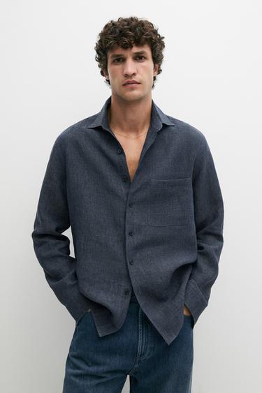 Zara 100% linen shirt with pocket - Blue