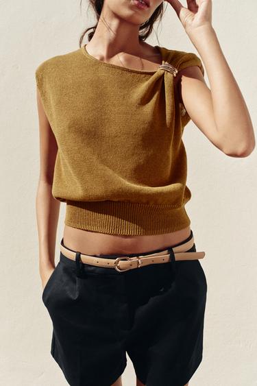 KNIT TRIM TOP - Dark straw by Zara - Image 1