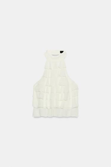 Zaras TOPP I GEORGETTE MED HALTERNECK - Naturfärg