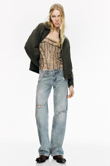 JEANS TRF PERNA AMPLA CINTURA BAIXA RASGADOS - Cinza-azul da Zara