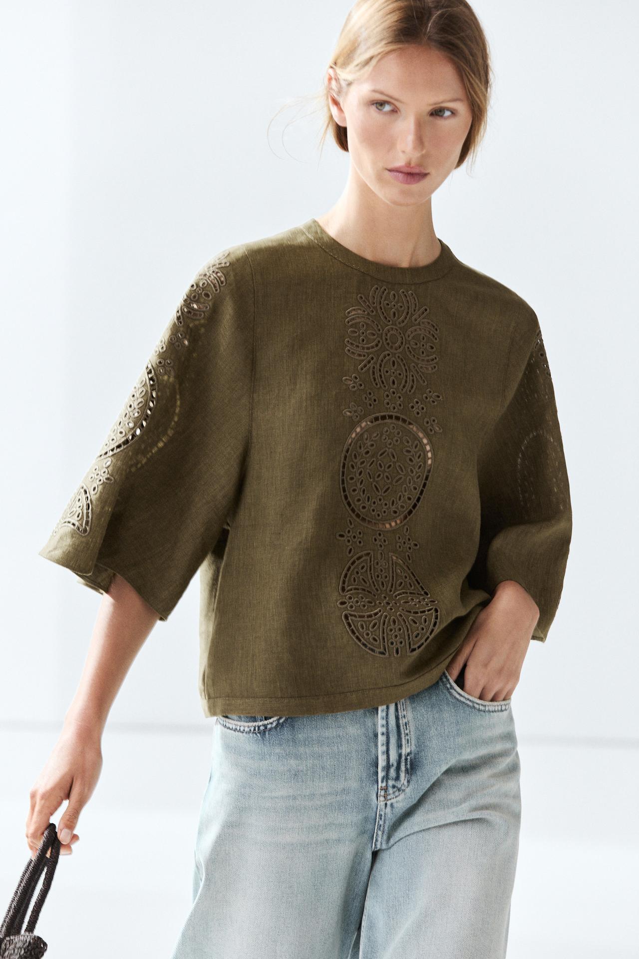 Linen blend blouse with embroidered details — Mid-green