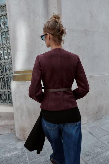 FAUX SUEDE BLAZER WITH BELT - Burgundy by Zara - Image 4
