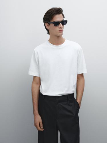 Zara Short sleeve linen blend T-shirt - Oyster-white