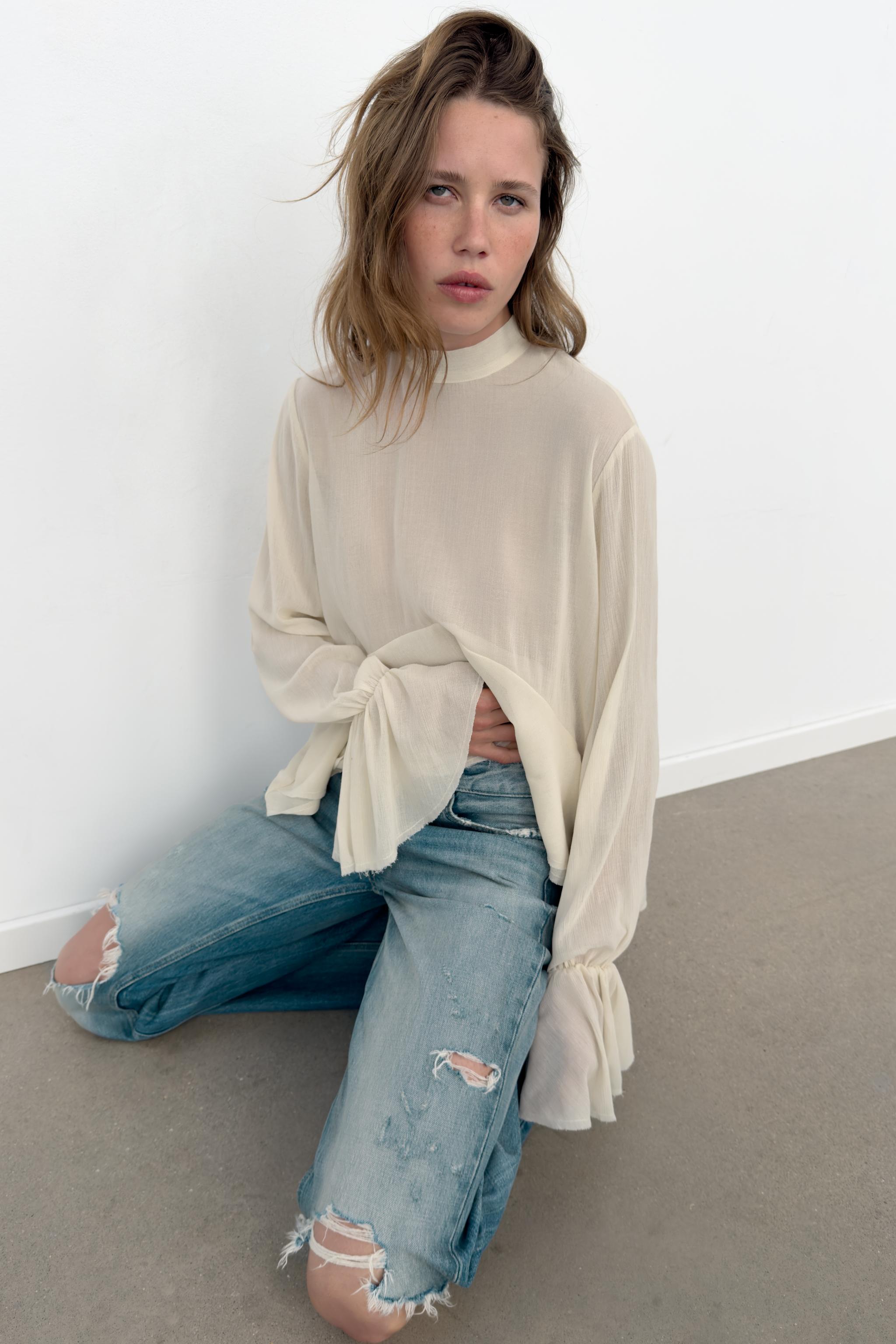 フリル付きセミシースルートップス - エクリュ | ZARA Japan / 日本