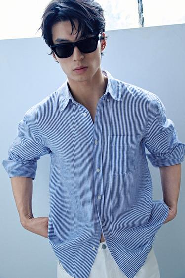 STRIPED COTTON/LINEN REGULAR FIT SHIRT - White / Sky blue by Zara