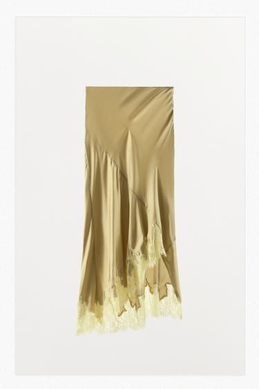ASYMMETRIC SATIN SKIRT WITH LACE - Khaki by Zara