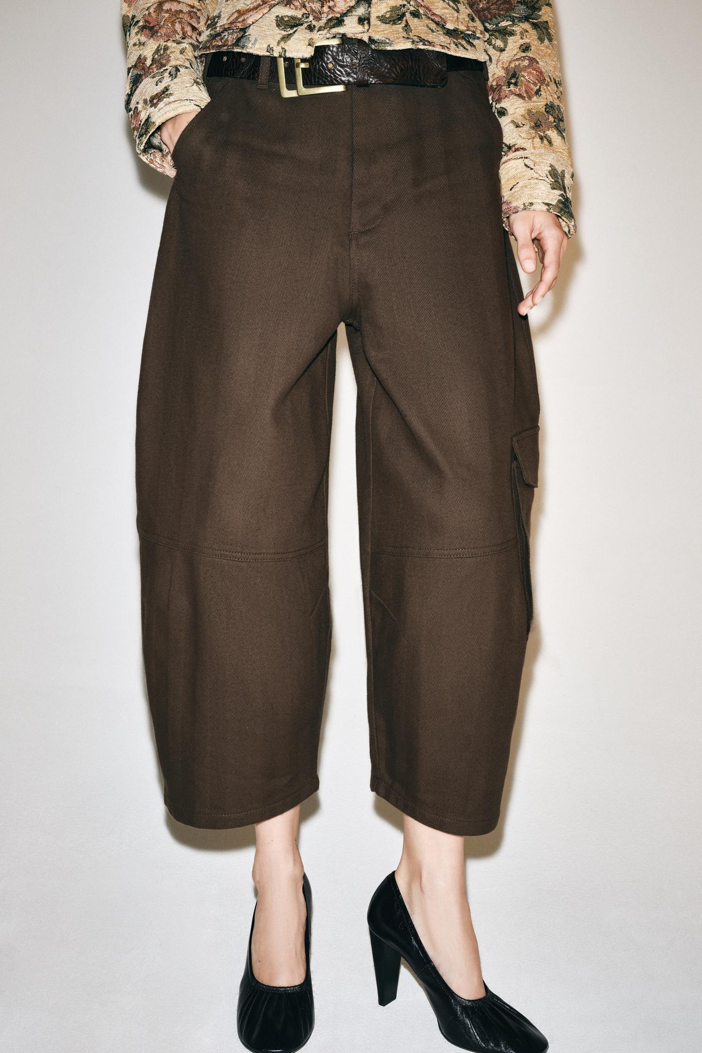 Женские брюки Zara ZW Collection Cargo Capri, цвет: Коричневый — фото 2