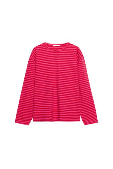 STRIPED COTTON AND LINEN T-SHIRT - Pink / Lilac by Zara