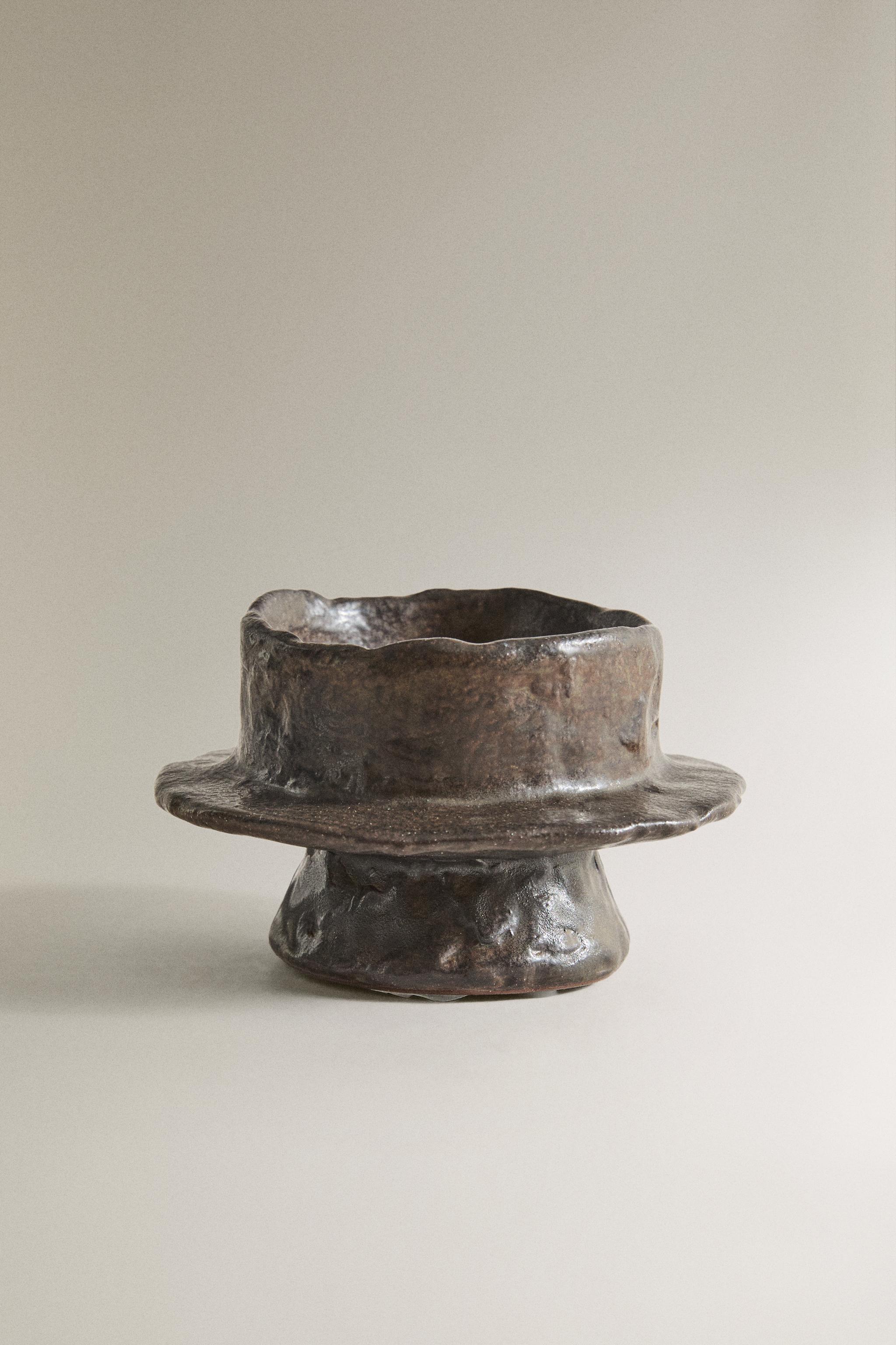 IRREGULAR STONEWARE CANDLESTICK — Brown