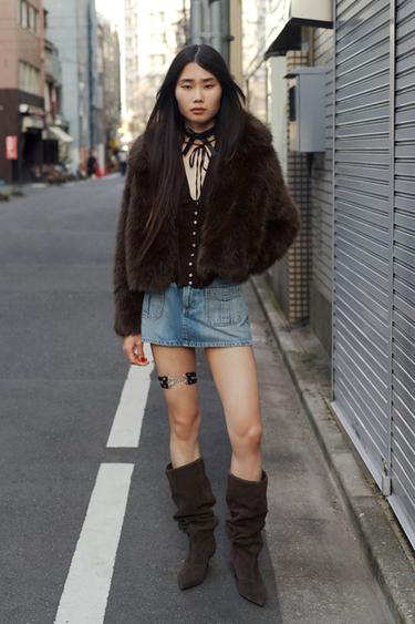 フェイクファーラペルショートコートブラウンZaraのフェイクファーラペルショートコート - ブラウン 