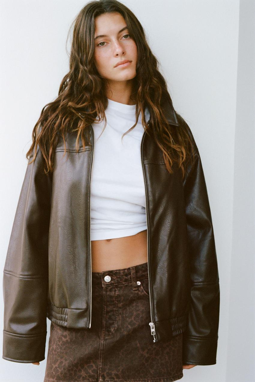 フェイクレザー ボンバージャケット - ダークブラウン | ZARA 