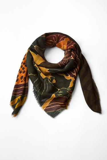 Zara FLORAL PRINT MODAL SILK SCARF - Brown