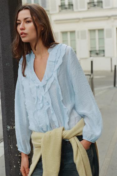 Zara RUFFLED BLOUSE - Sky blue