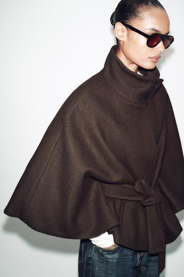 Zara SHORT WOOL CAPE COAT WITH BELT - Brown