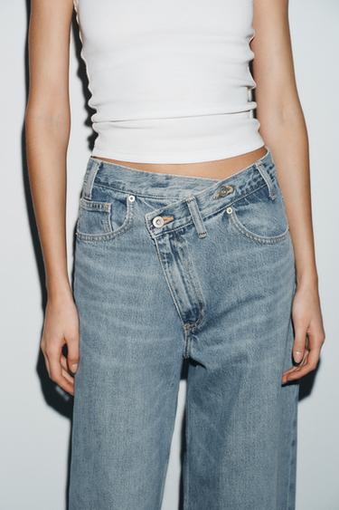 TRF WIDE-LEG HIGH-WAIST JEANS WITH CROSSOVER WAIST - Mid-blue by Zara