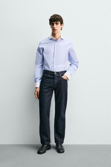 CAMISA REGULAR FIT CADROS CONTRASTE - Celeste de Zara - Imaxe 0