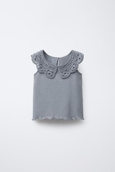CROCHET COLLAR T-SHIRT - Blue / Grey by Zara