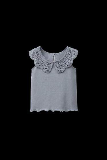 Zara CROCHET COLLAR T-SHIRT - Blue / Gray - Image 0