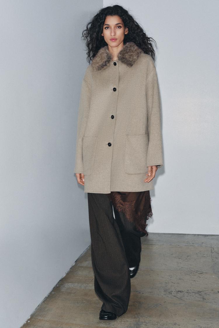 WOOL BLEND COAT WITH FAUX FUR COLLAR ZW COLLECTION