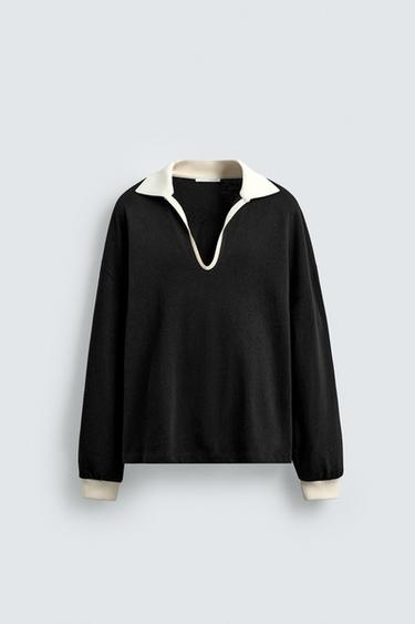 BLUZË HOODIE POLO PAMBUK - KANABIS - E zezë nga Zara
