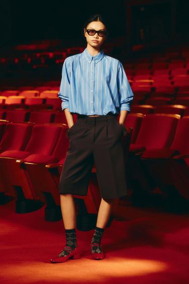 Zara 條紋燈籠襯衫 - 藍色 / 白色