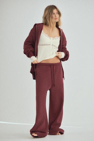 STRAIGHT-LEG PLUSH TROUSERS - Burgundy by Zara